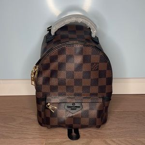Brown Checkered Mini Backpack with Gold Hardware